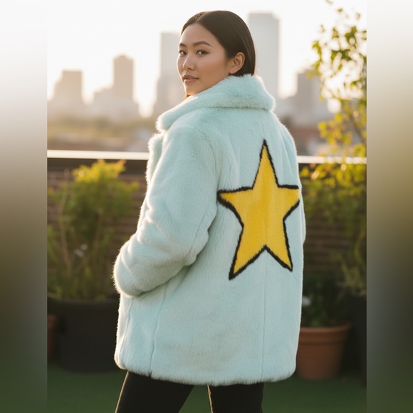 Topshop Jackets & Blazers - Topshop Sky Blue Teddy Jacket with Yellow Star size 6